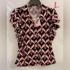 Carolyn Taylor Black, Pink & Cream Geometric Ruffle Sleeve Button-Down Blouse